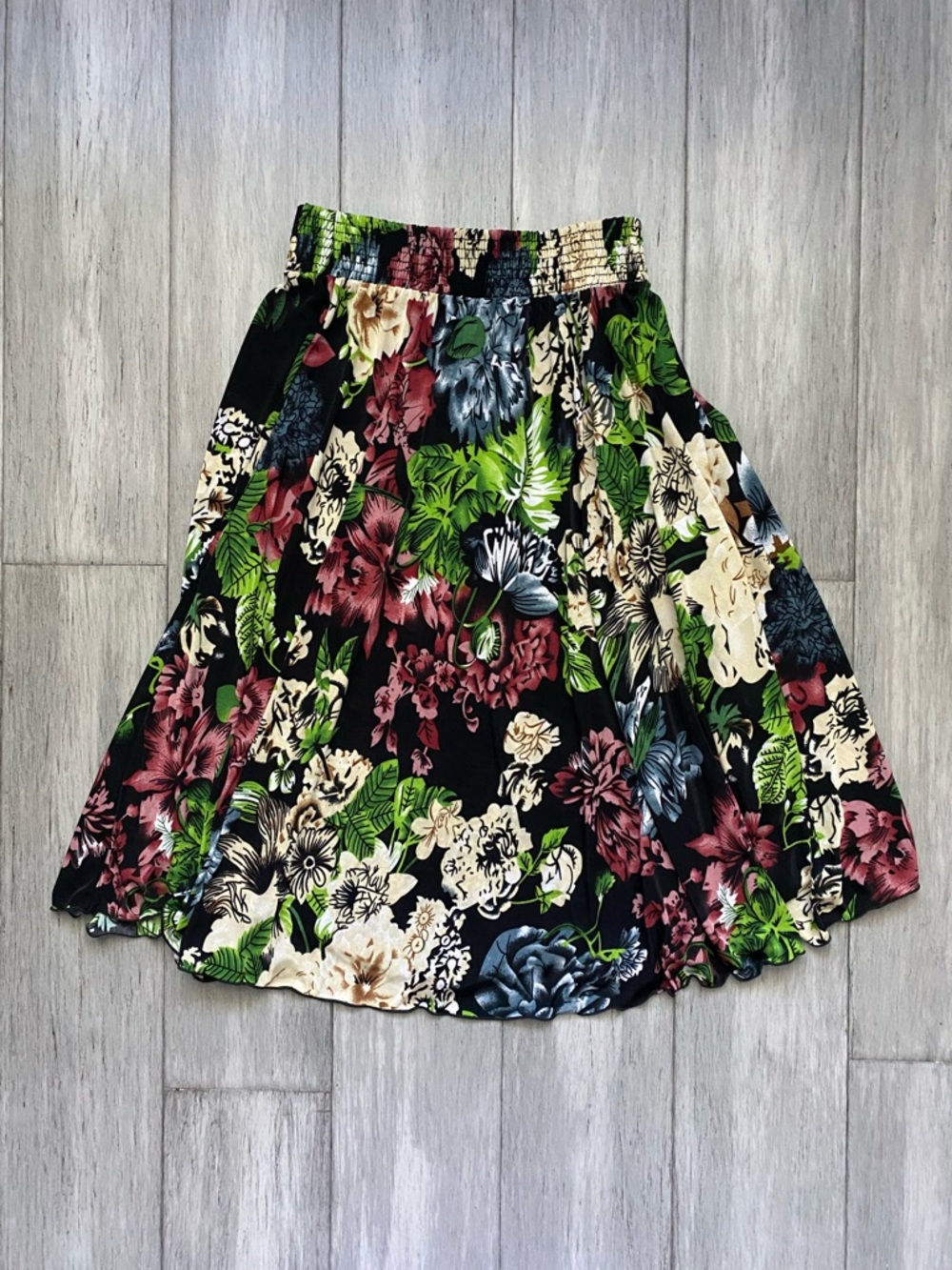 Womens Floral Breahtable Skirt in Black with Multicolor Botanicals